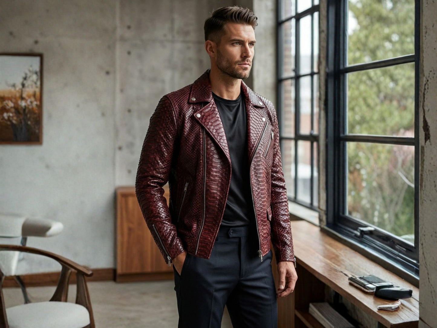 Genuine Python Snakeskin Leather Biker Jacket: Luxury Burgundy Exotic Motorcycle Jacket for Men