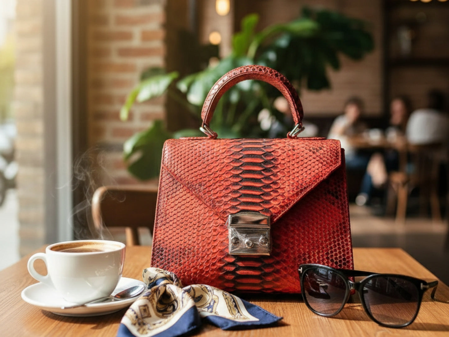 Genuine Python Leather Top Handle Bag: Elegant Handmade Designer Purse