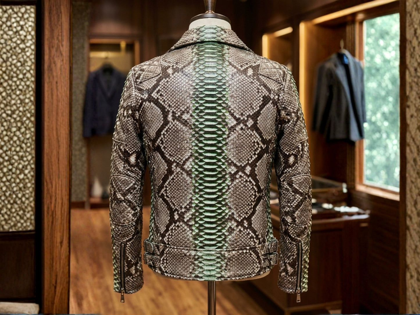Genuine Python Snakeskin Leather Biker Jacket: Natural Gray with Green Gradation