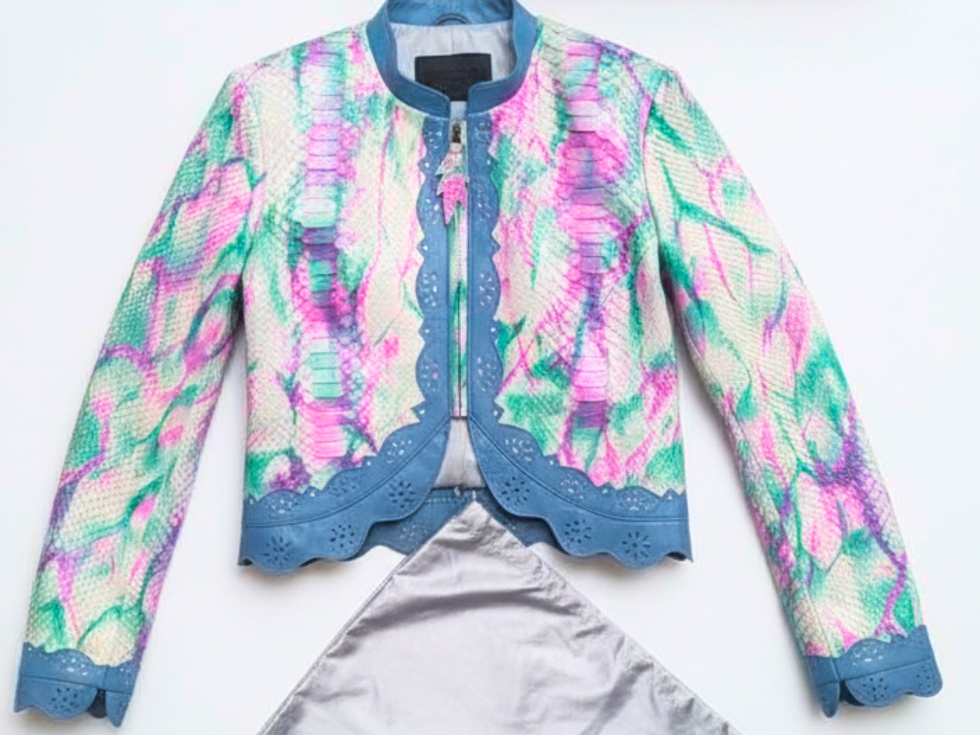 Tie Dye Python Snakeskin Leather Jacket: Genuine Exotic Leather Cropped Blazer with Blue Trim