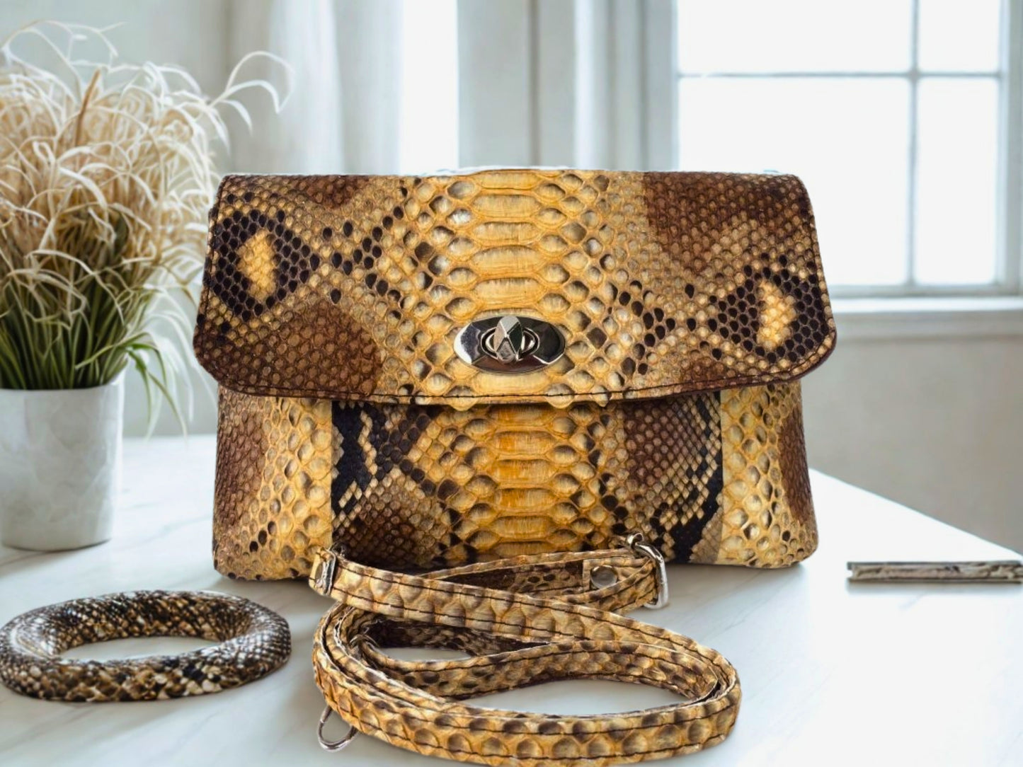 Snakeskin Leather Bag Back Waist Strap - brown color on white table at living room
