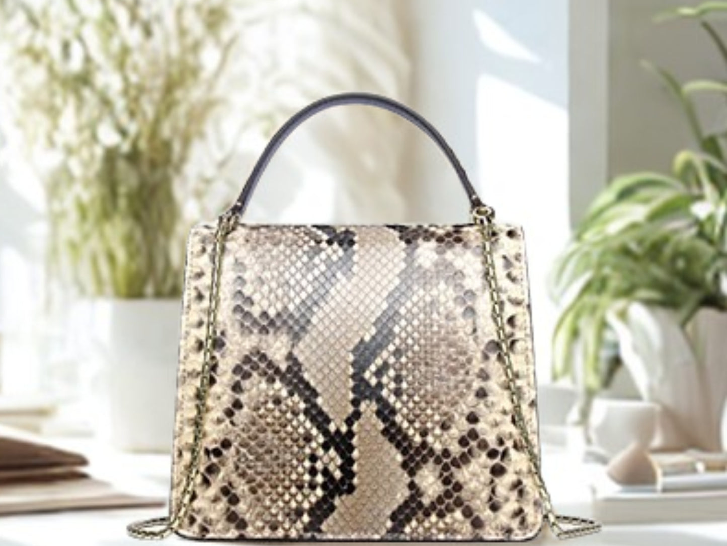 Python Handbag Chain Strap gray color on backside view