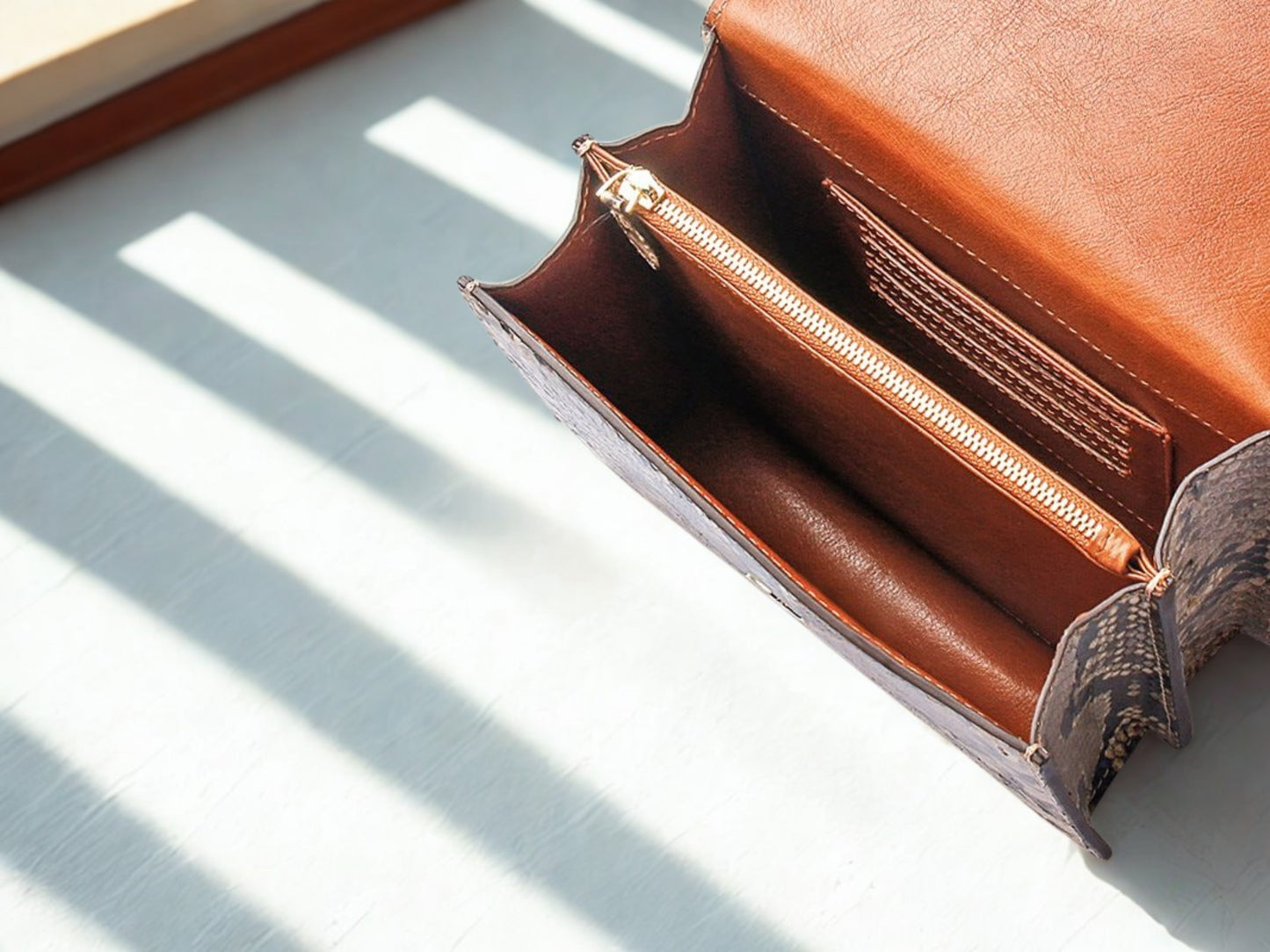 Python Handbag Chain Strap gray color on inside view with double compartment, lambskin lining