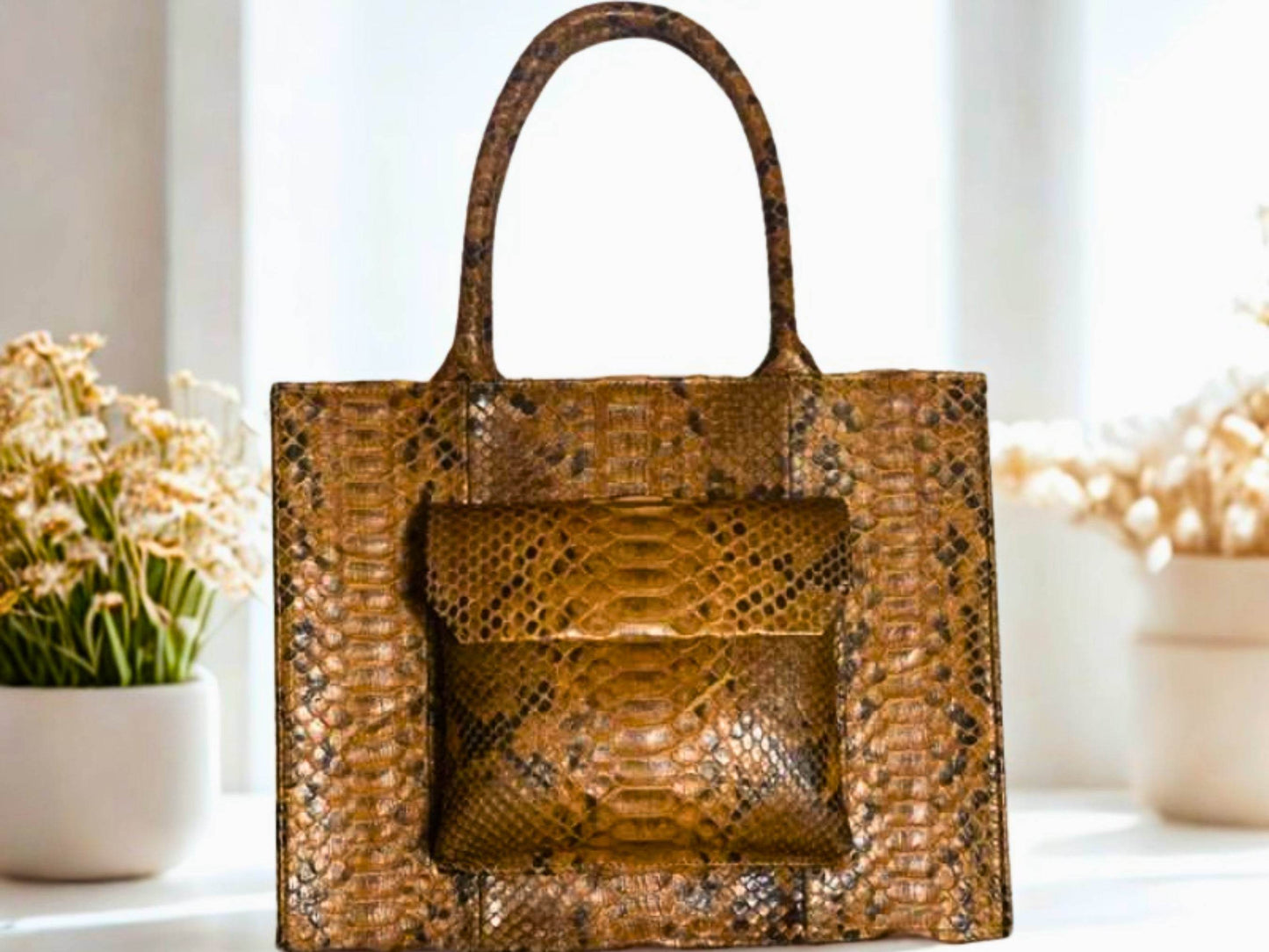 Snakeskin Tote Leather Handbag Front Pocket - LFM Fashion