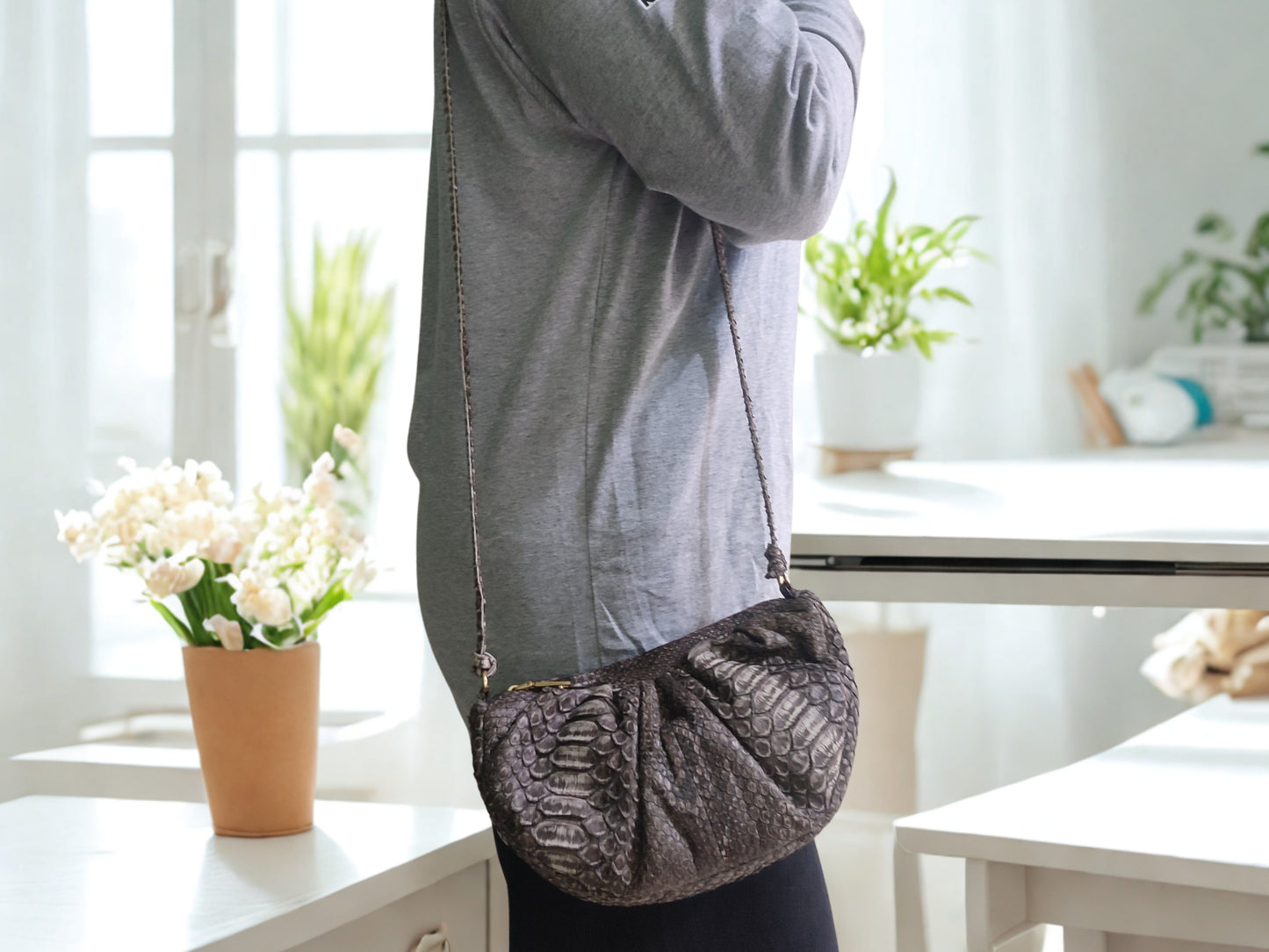 real snakeskin Croissant Small Leather Shoulder Bag on shoulder style by model