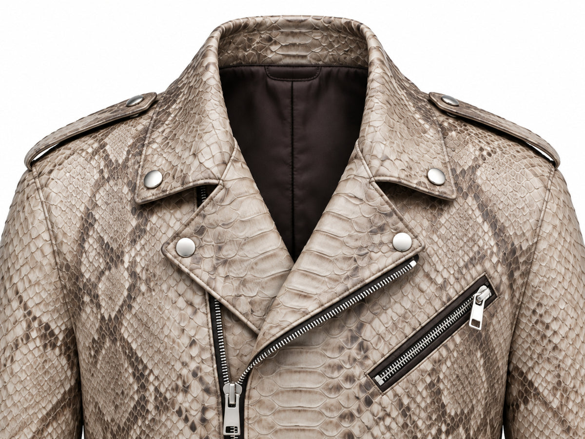 Close-up of a beige and brown snakeskin-patterned moto jacket with silver snap buttons and a diagonal zip pocket, shown on a white background.