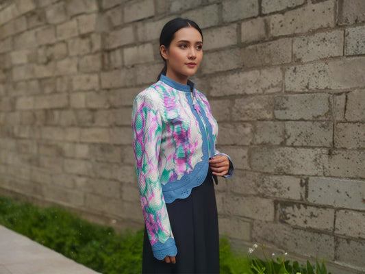 Tie Dye Python Snakeskin Leather Jacket: Genuine Exotic Leather Cropped Blazer with Blue Trim