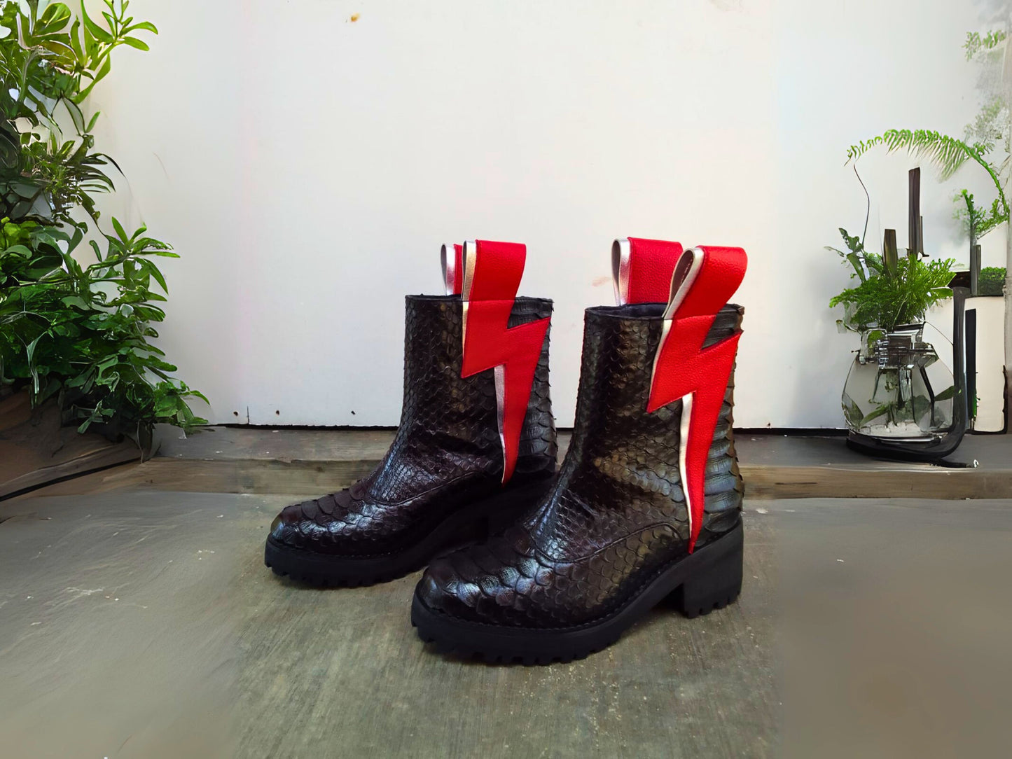 Genuine Python Snakeskin Boots with Red Lightning Bolt