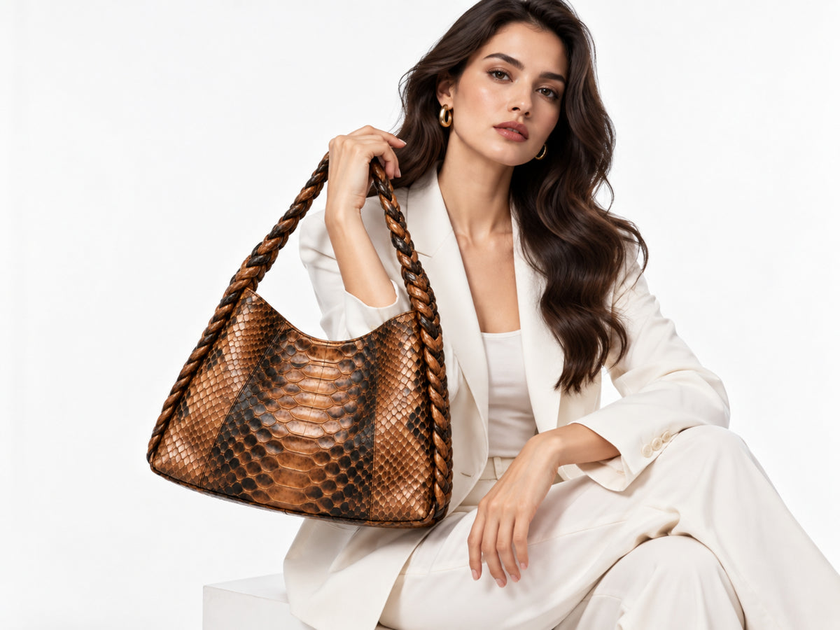 Genuine Python Snakeskin Shoulder Hobo Bag - Cognac Brown