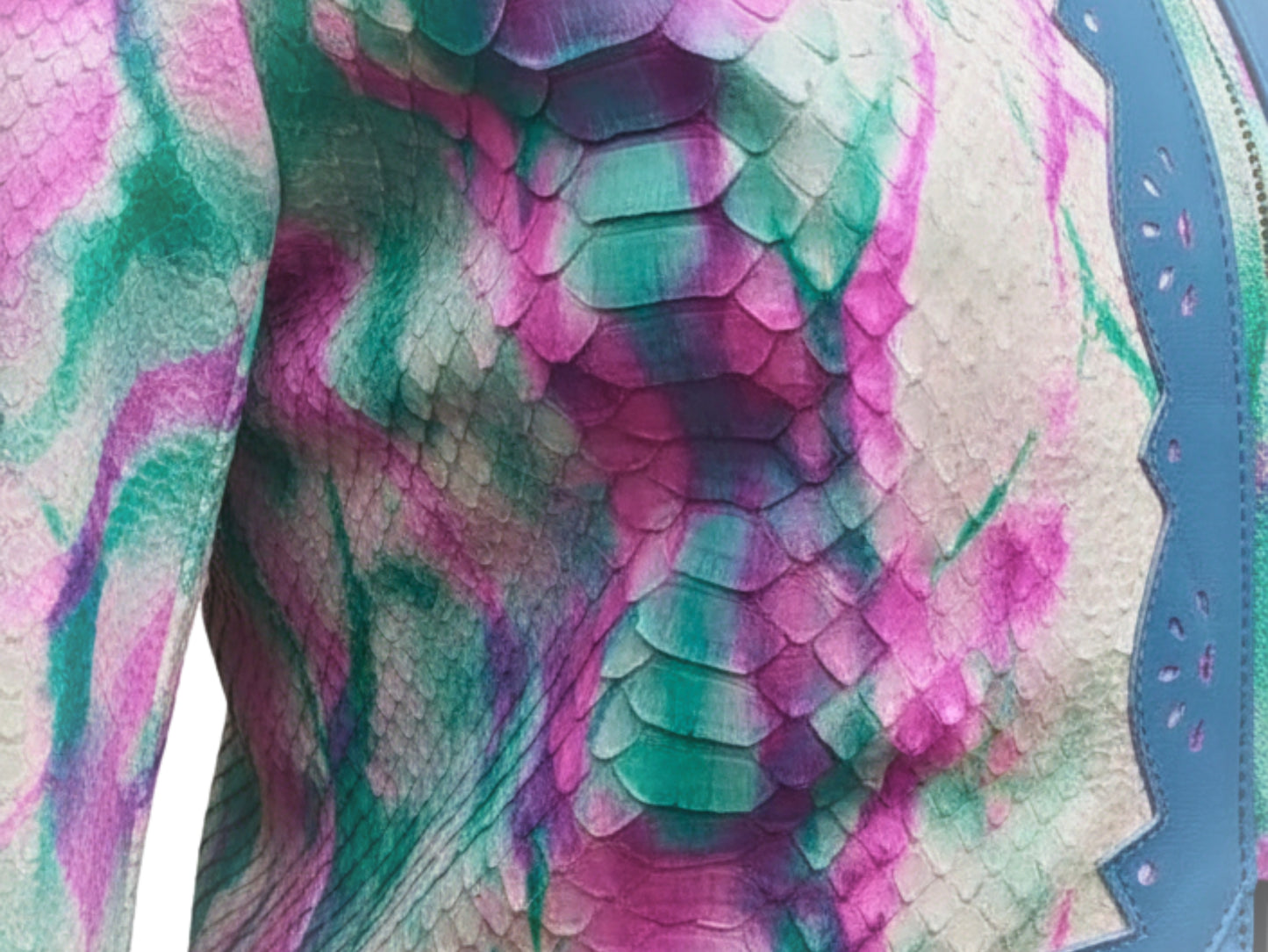 Tie Dye Python Snakeskin Leather Jacket: Genuine Exotic Leather Cropped Blazer with Blue Trim