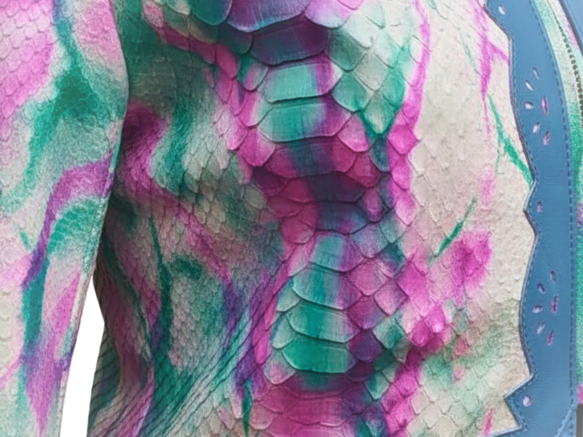 Tie Dye Python Snakeskin Leather Jacket: Genuine Exotic Leather Cropped Blazer with Blue Trim