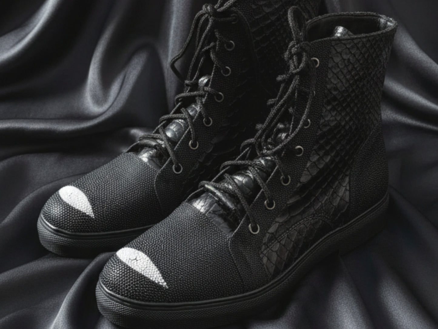 Genuine Python & Stingray Leather Boots: Black Exotic Snakeskin Unisex Combat Boots