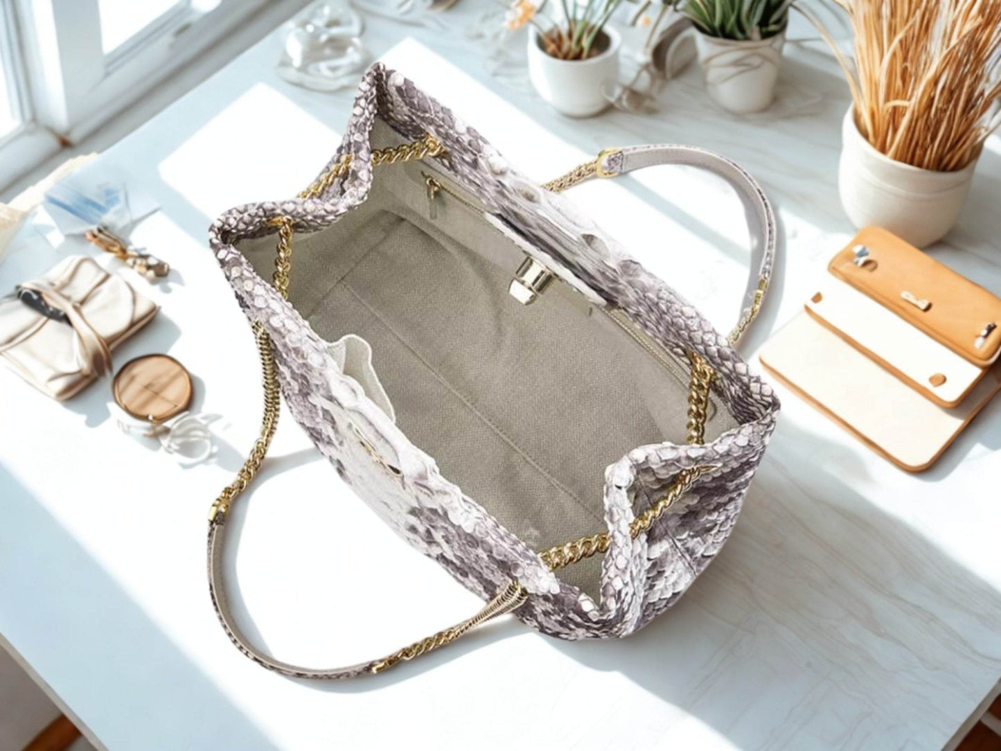 Classic Snakeskin Tote Handbag Shoulder Bag with Gold Chain Strap - LFM Fashion