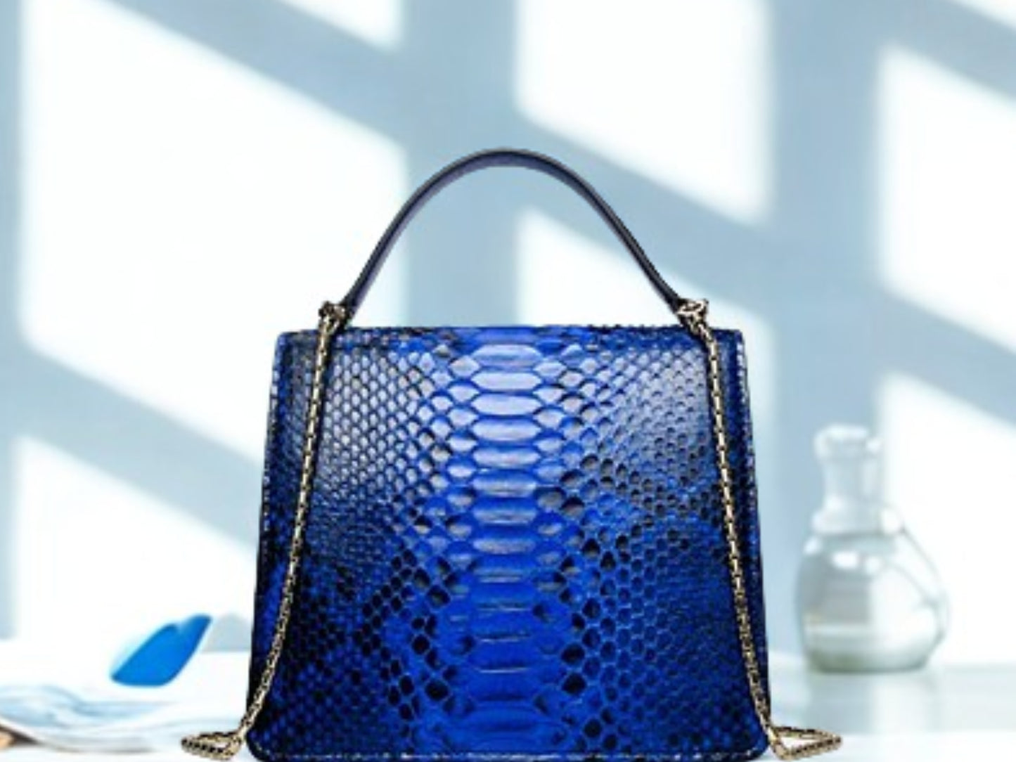 Python Handbag Chain Strap - blue color - back side view