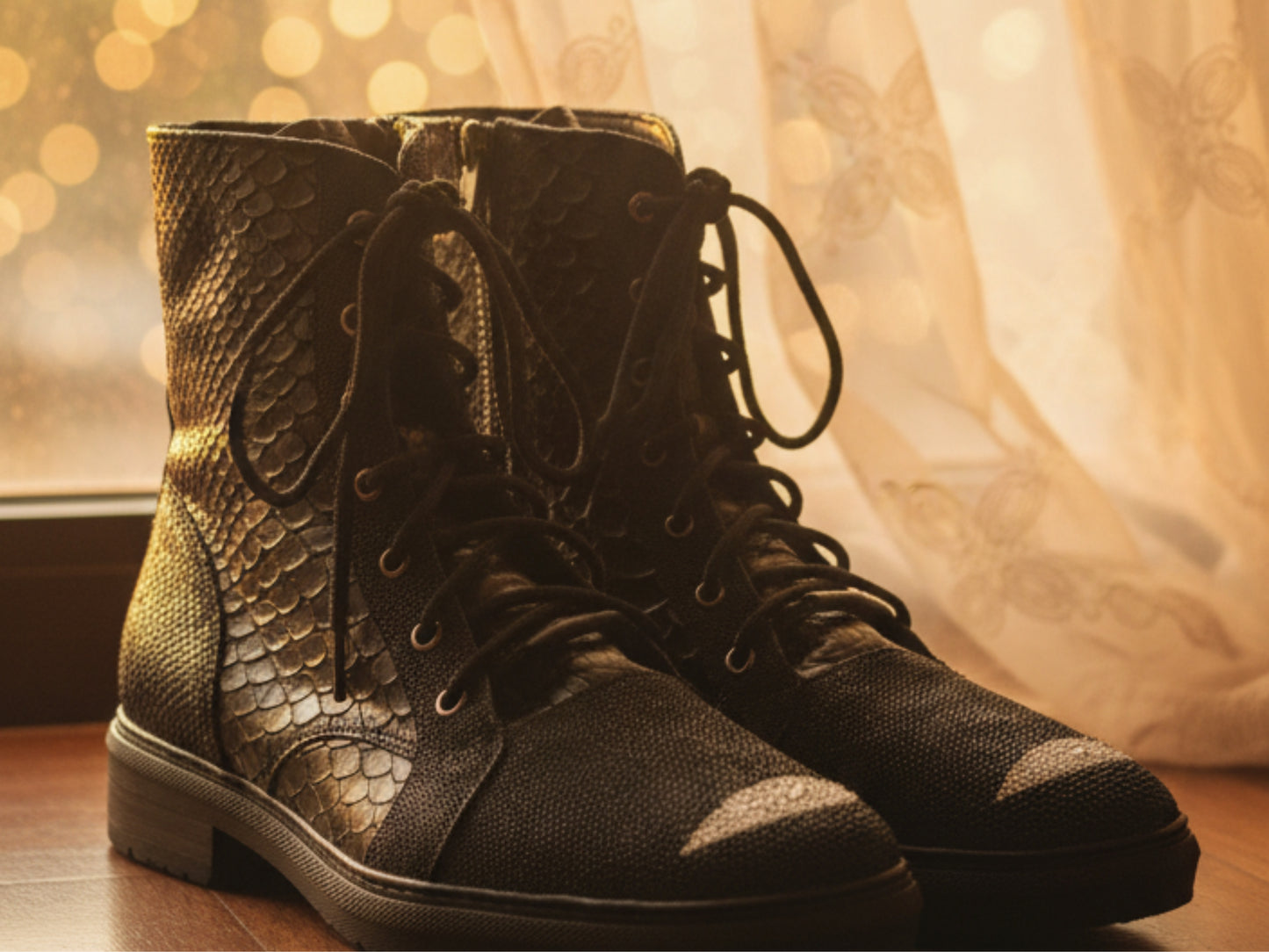 Genuine Python & Stingray Leather Boots: Black Exotic Snakeskin Unisex Combat Boots