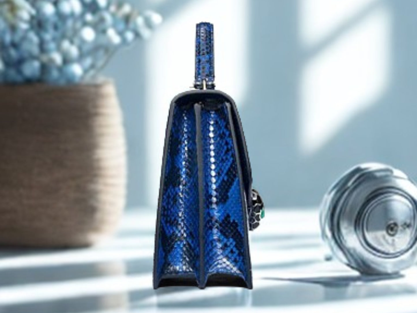 Python Handbag Chain Strap - blue color with side bag view