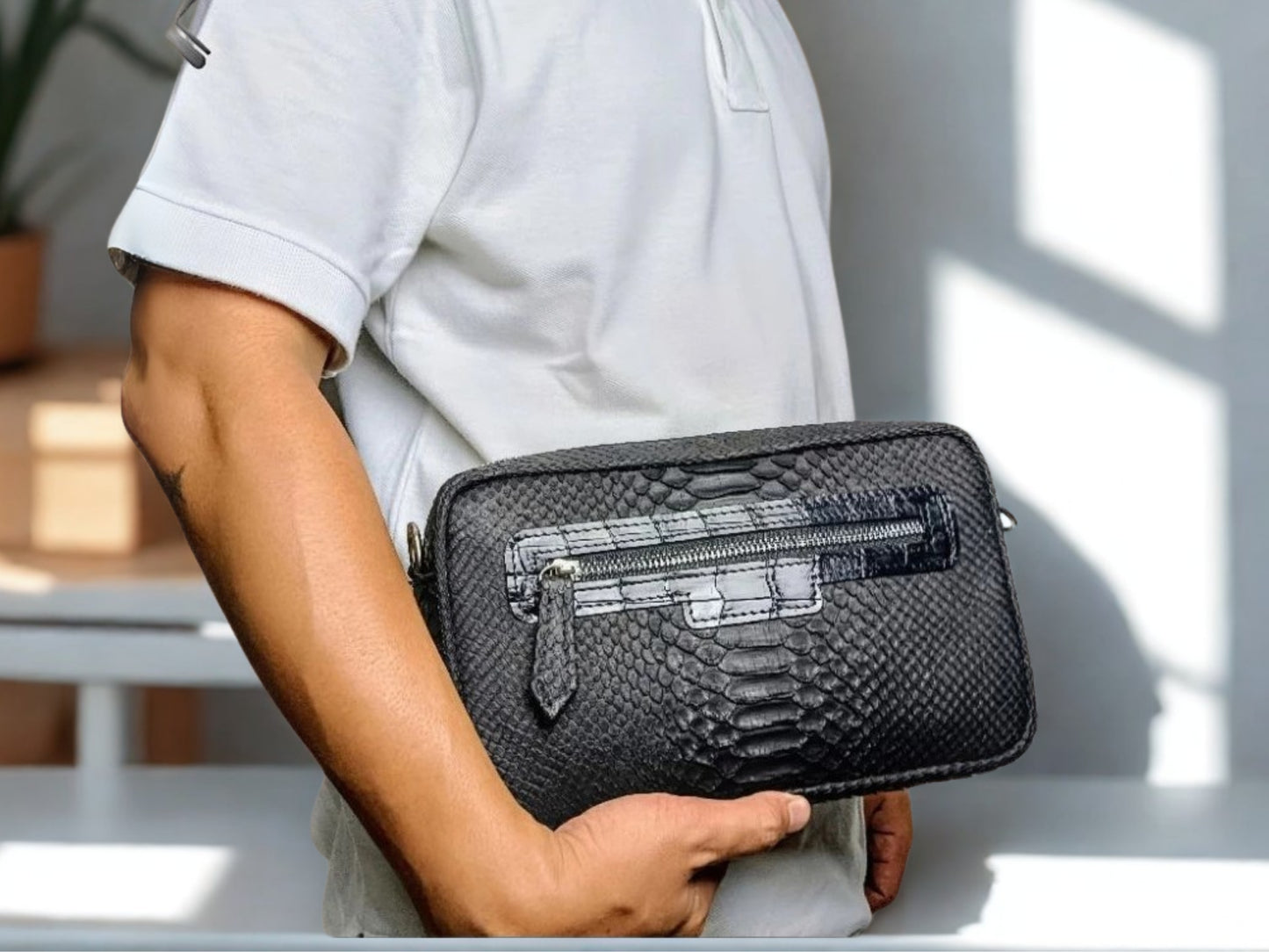 Snakeskin Shoulder Clutch Bag for Men - 4