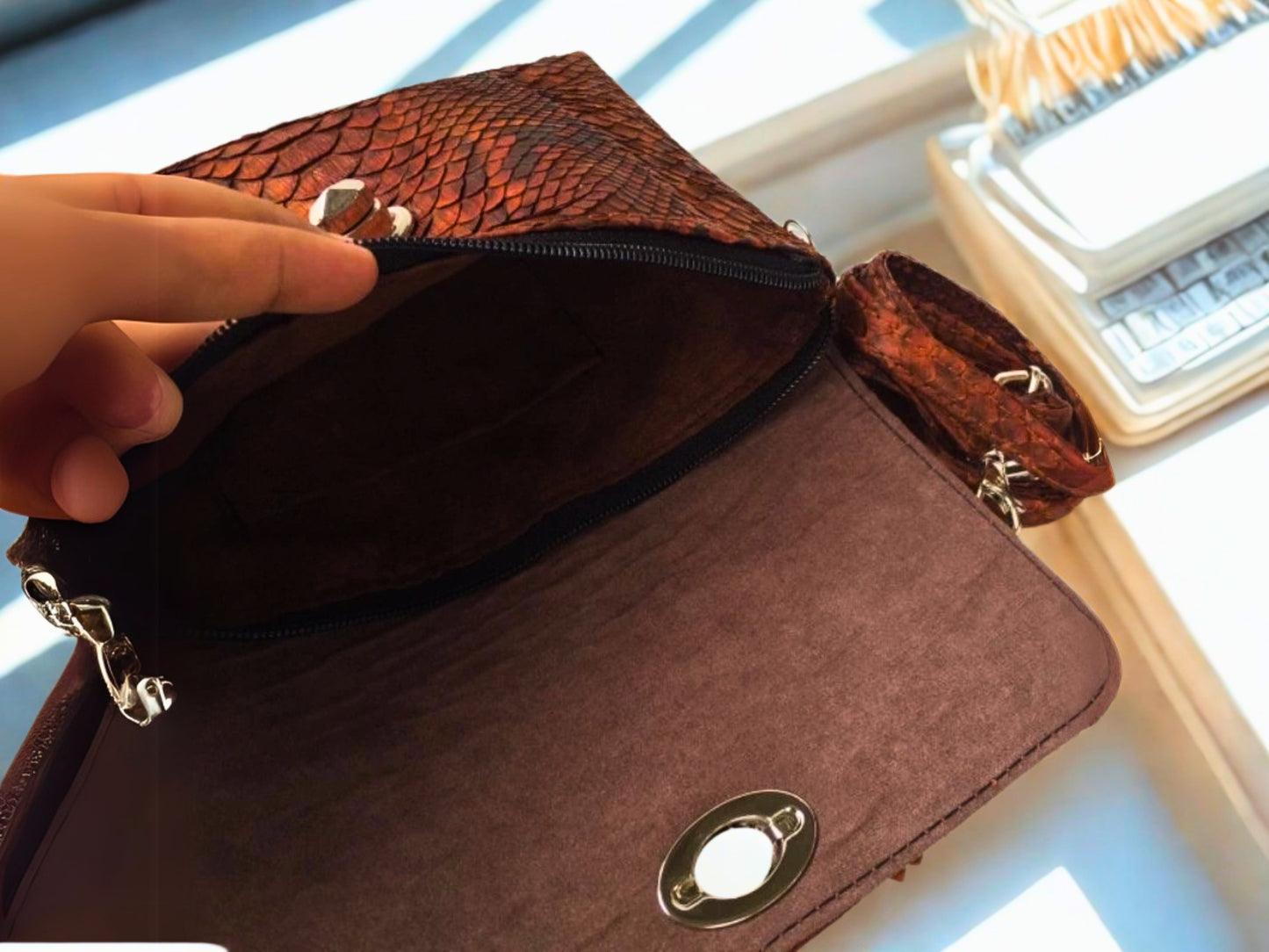 Snakeskin Leather Bag Back Waist Strap - dark brown color with inside view and the lining is suede