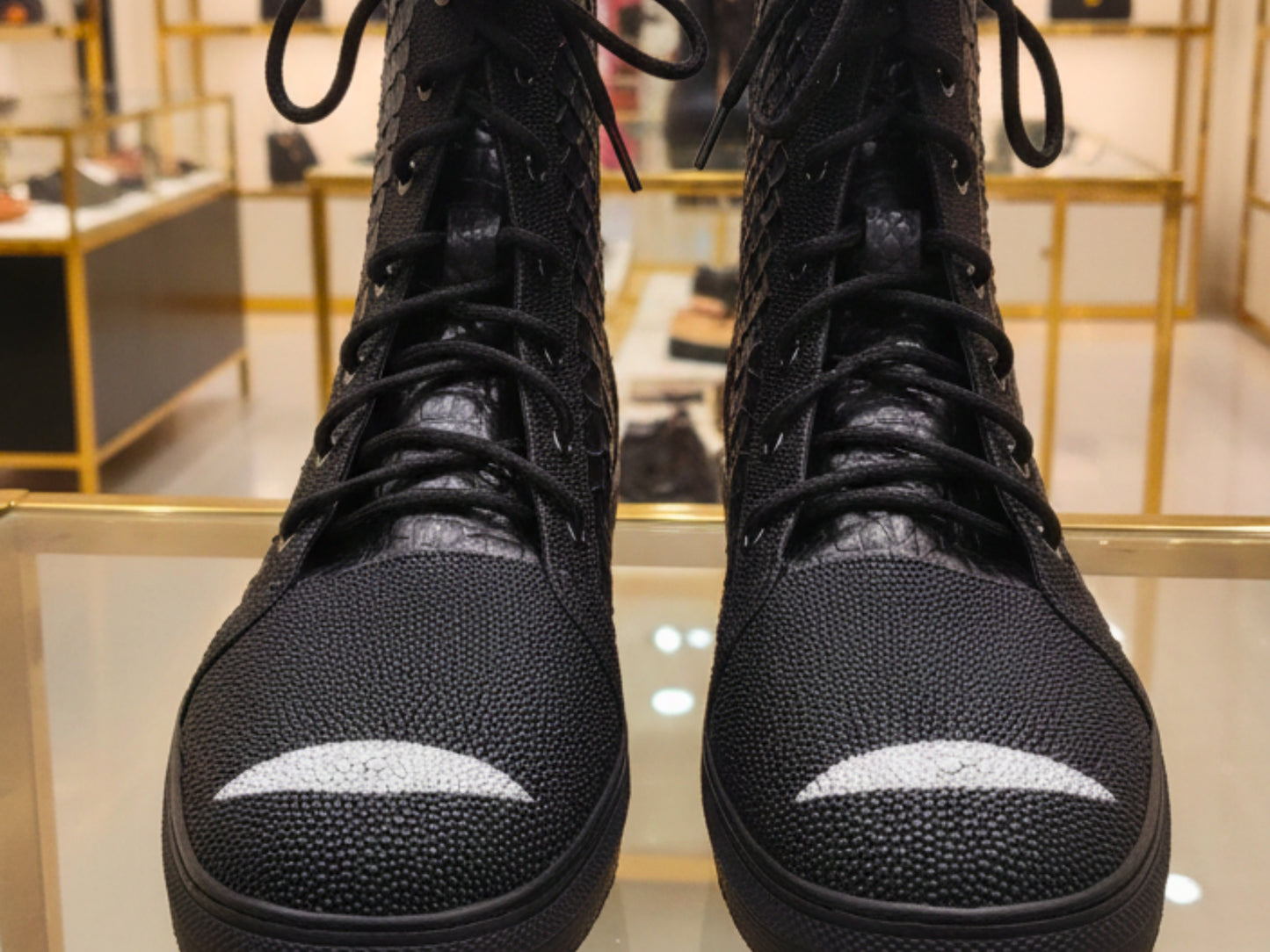Genuine Python & Stingray Leather Boots: Black Exotic Snakeskin Unisex Combat Boots
