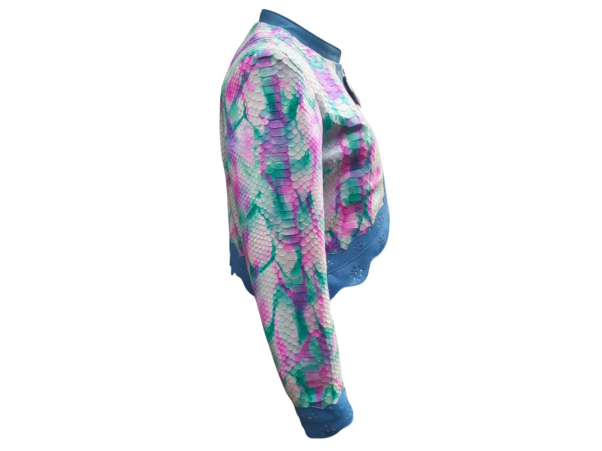 Tie Dye Python Snakeskin Leather Jacket: Genuine Exotic Leather Cropped Blazer with Blue Trim