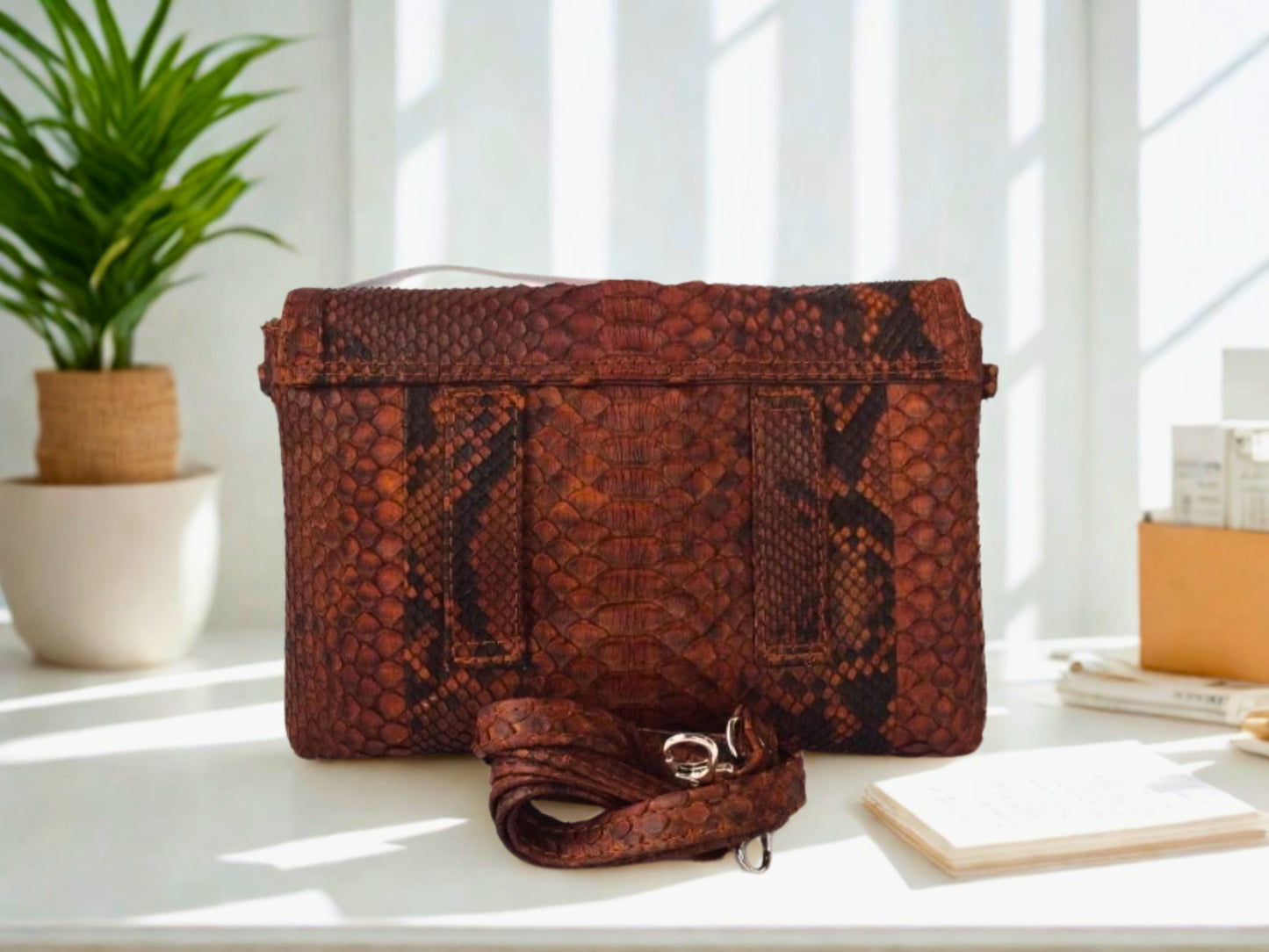 Snakeskin Leather Bag Back Waist Strap - dark brown color on backside view with belt loops strap