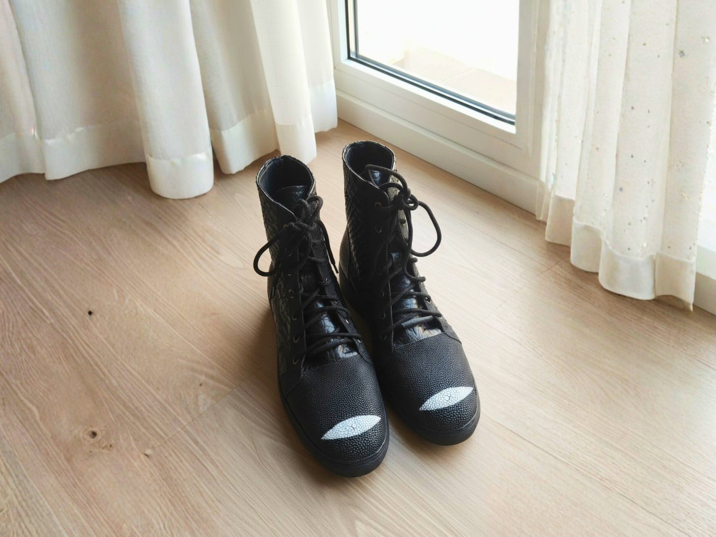 Genuine Python & Stingray Leather Boots: Black Exotic Snakeskin Unisex Combat Boots