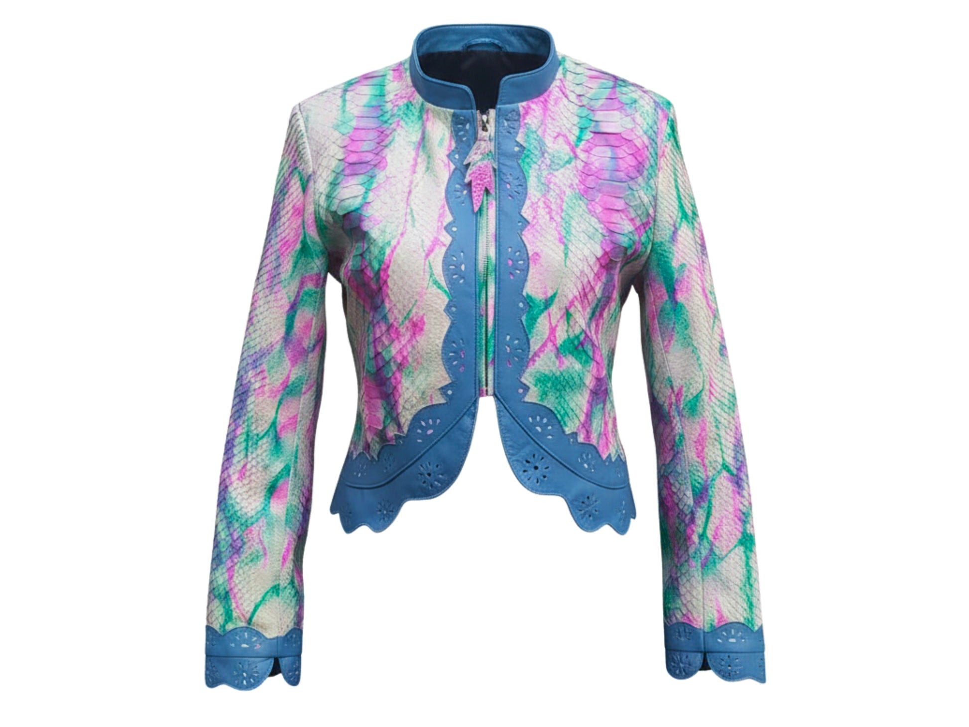 Tie Dye Python Snakeskin Leather Jacket: Genuine Exotic Leather Cropped Blazer with Blue Trim