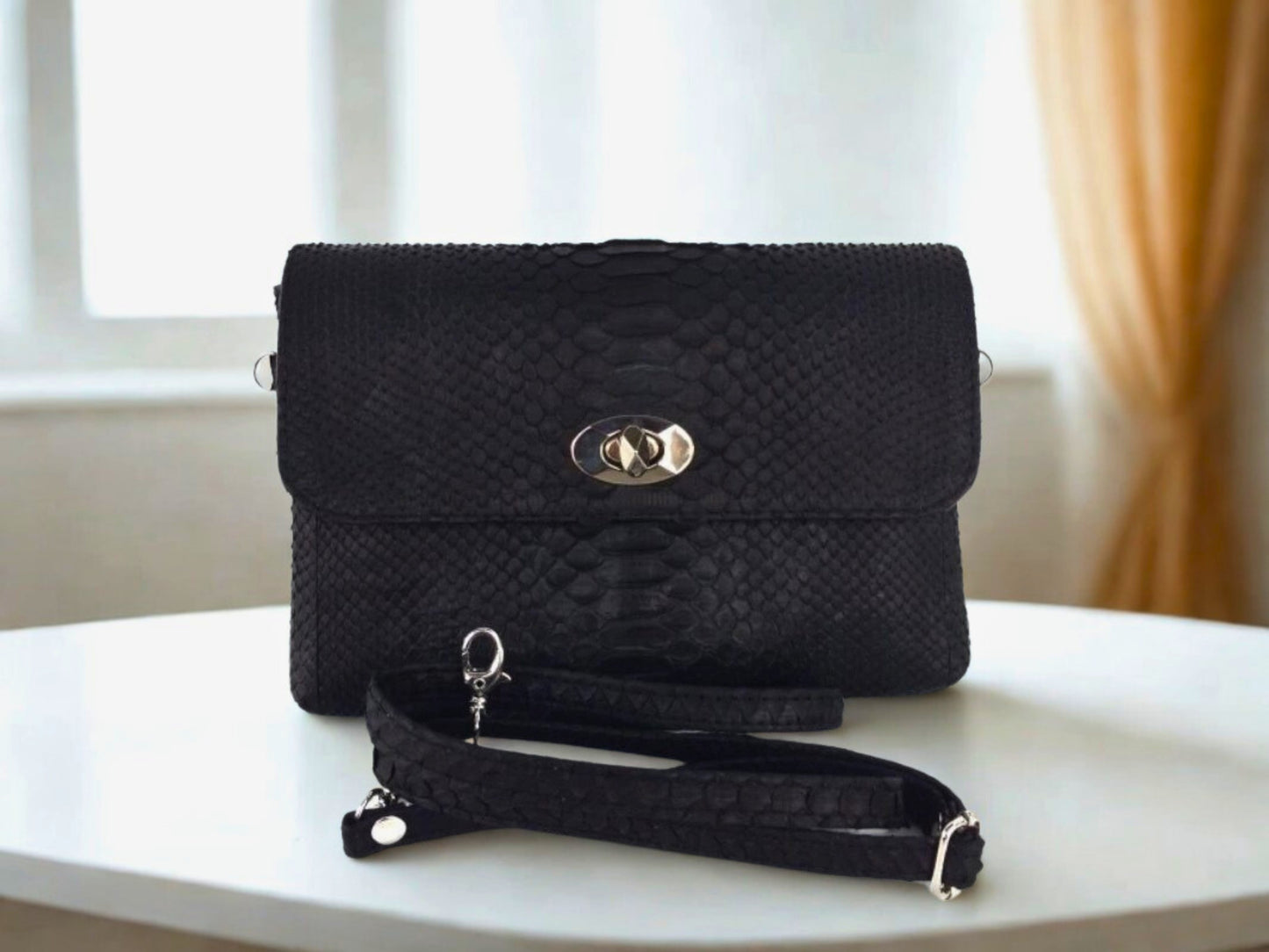 Snakeskin Leather Bag Back Waist Strap - black color on white table at home