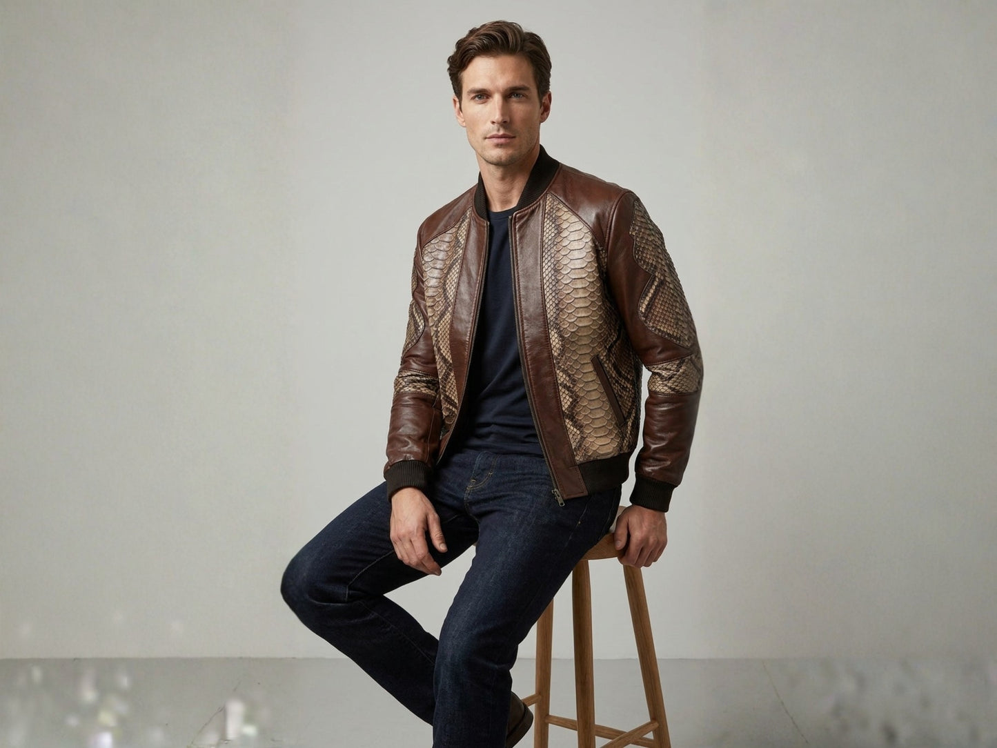 Dark Brown Python Snakeskin Bomber Jacket