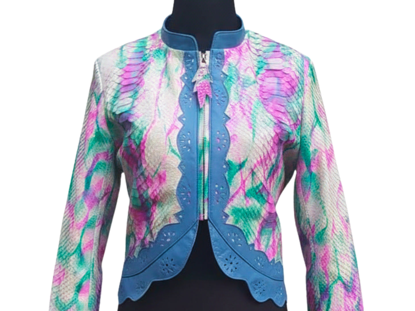 Tie Dye Python Snakeskin Leather Jacket: Genuine Exotic Leather Cropped Blazer with Blue Trim
