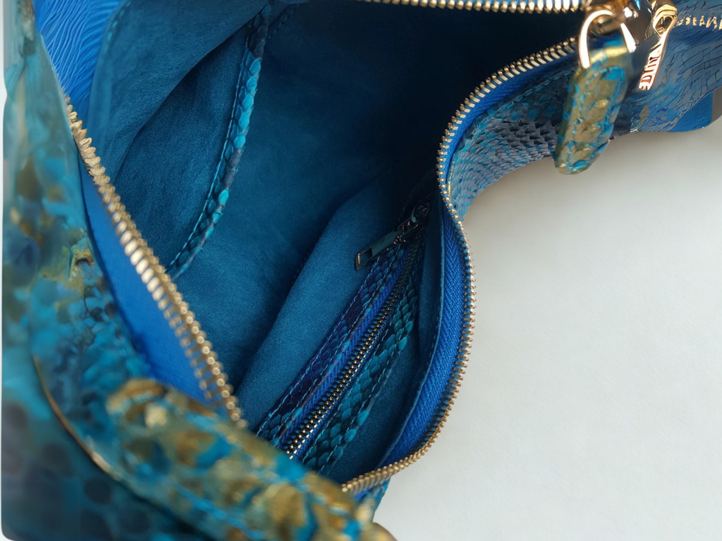 Half Moon Snakeskin Purse - turquoise color on inside view
