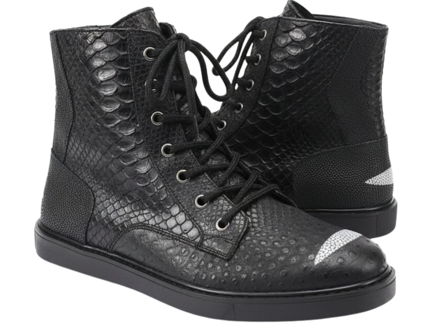 Genuine Python & Stingray Leather Boots: Black Exotic Snakeskin Unisex Combat Boots