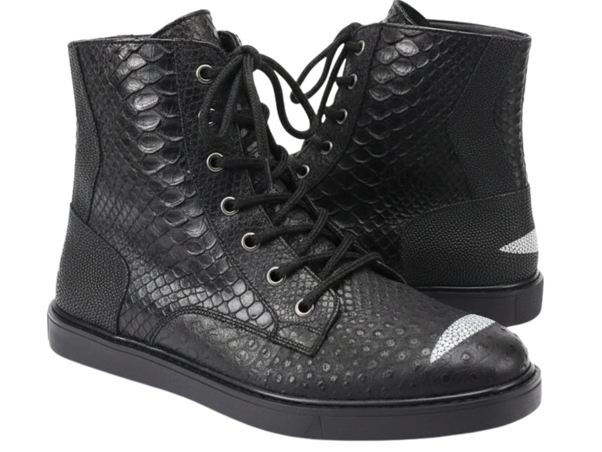 Genuine Python & Stingray Leather Boots: Black Exotic Snakeskin Unisex Combat Boots
