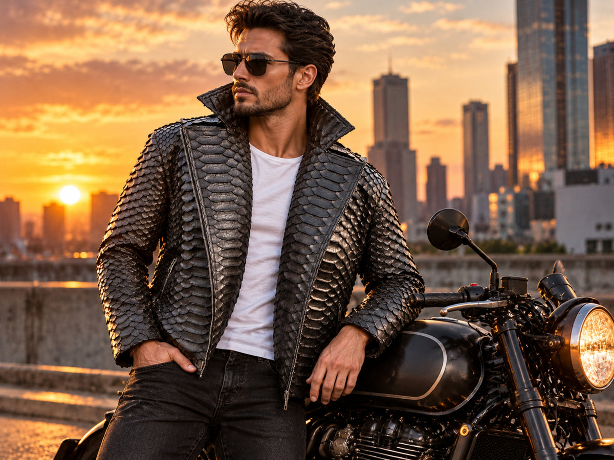 Genuine Python Snakeskin Motorcycle Jacket | Black King Scales