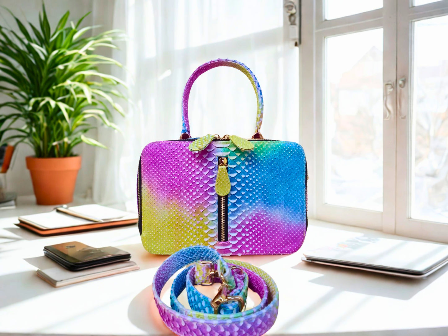 Rainbow Snakeskin Purse at white table of photo studio