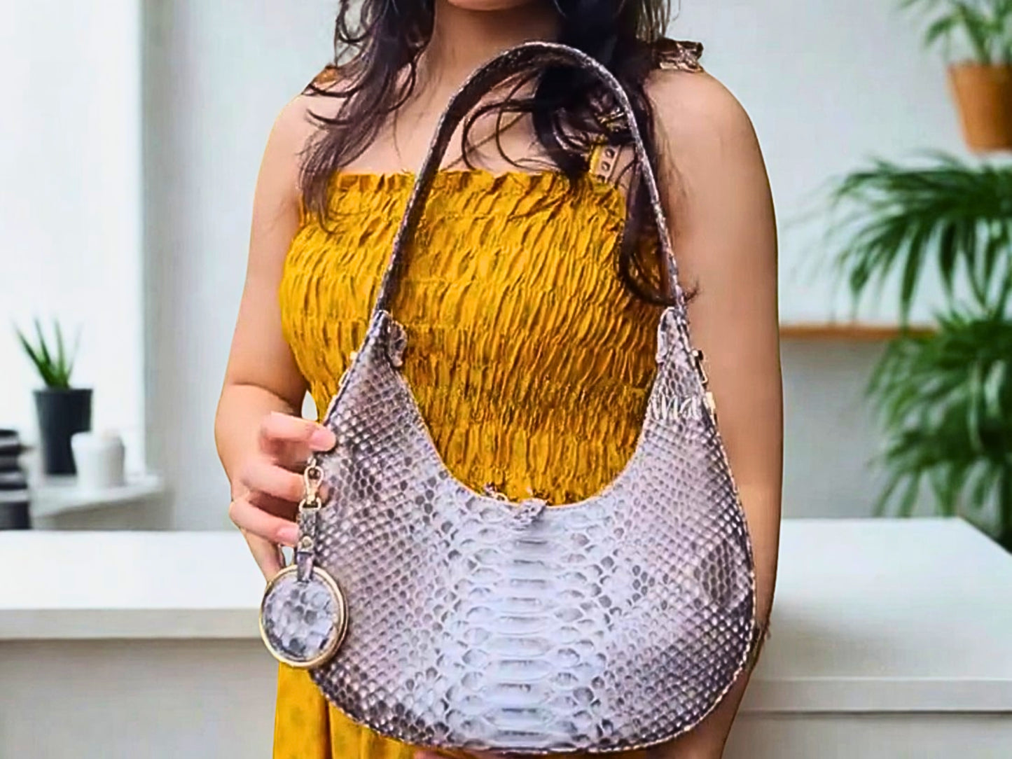Half Moon Snakeskin Purse - gray color