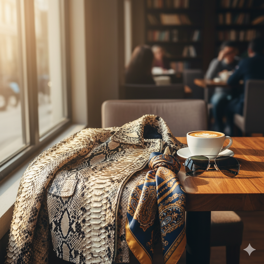 Snakeskin jacket draped over a chair with a cup of coffee and sunglasses on a table in a cafe.