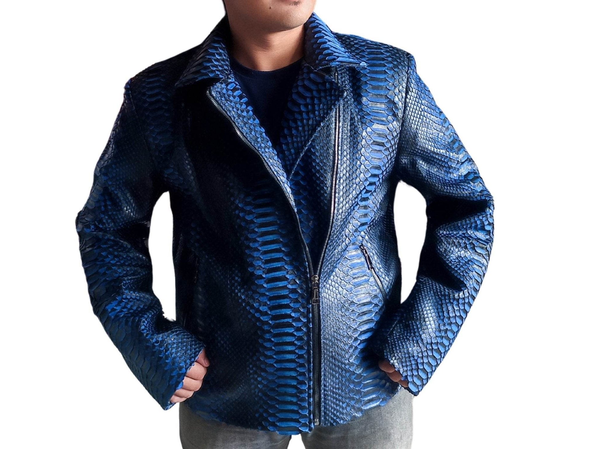 Black Gradation Blue Snakeskin Motorcycle Leather Jacket - LFM Fashion