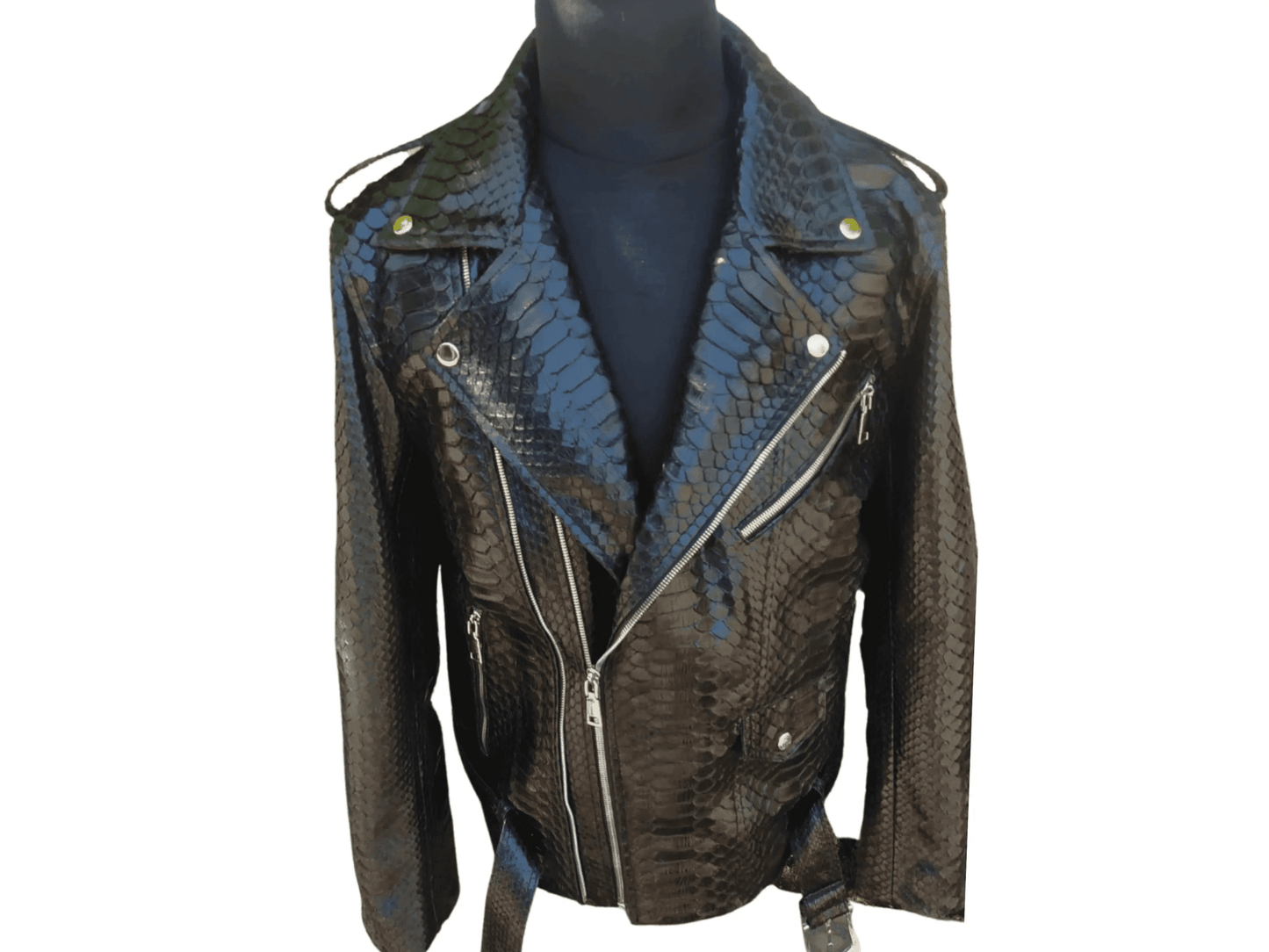 Black Motorcycle Leather Jacket Real Python Snake Skin with Glossy Finishing - Python Jacket by LFM Fashion