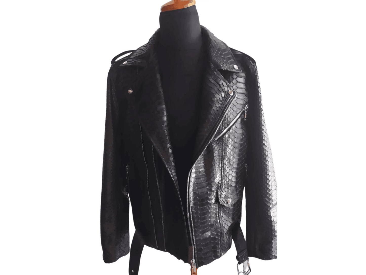 Black Motorcycle Leather Jacket Real Python Snake Skin with Glossy Finishing - LFM Fashion