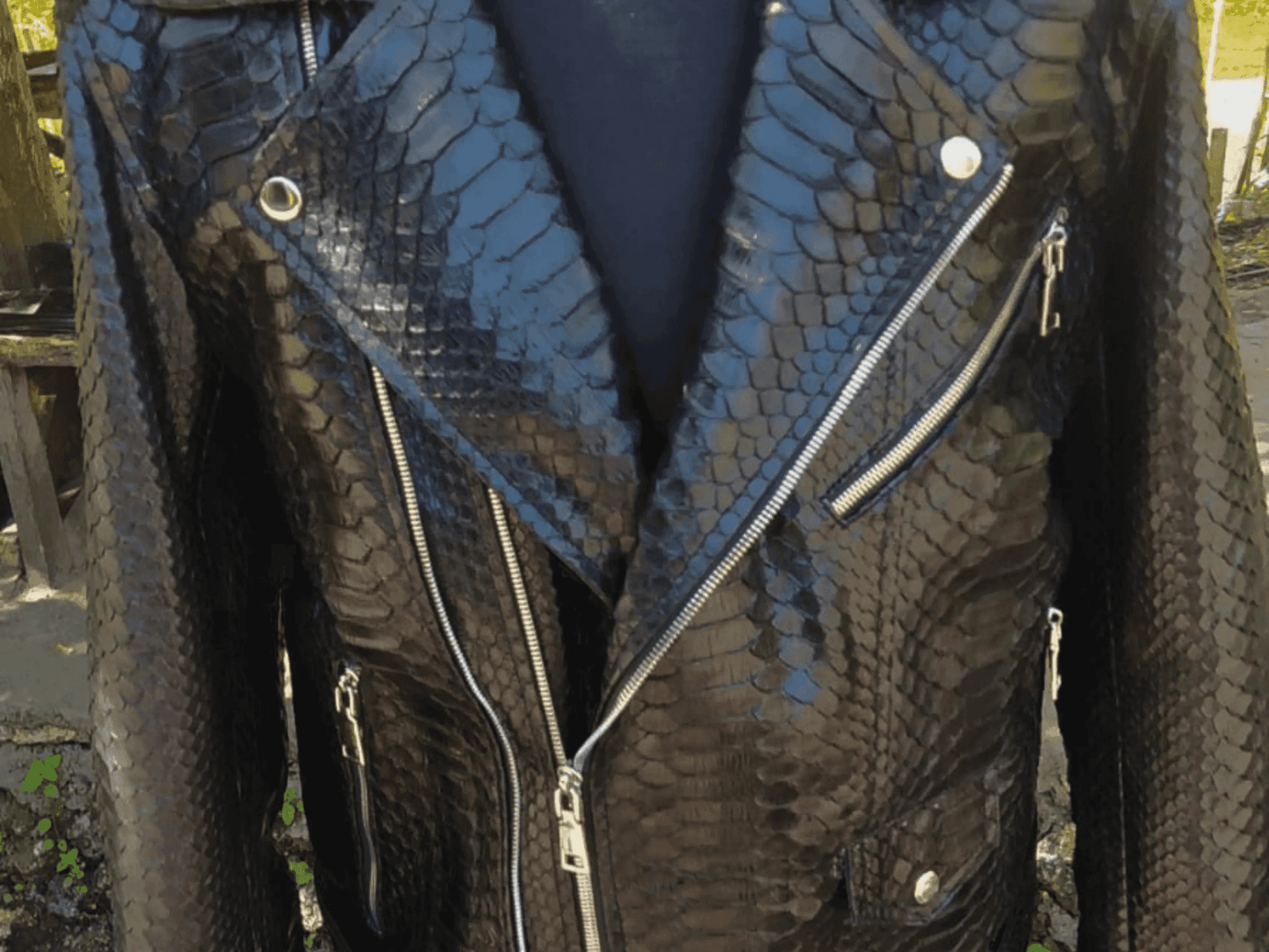 Black Motorcycle Leather Jacket Real Python Snake Skin with Glossy Finishing - LFM Fashion
