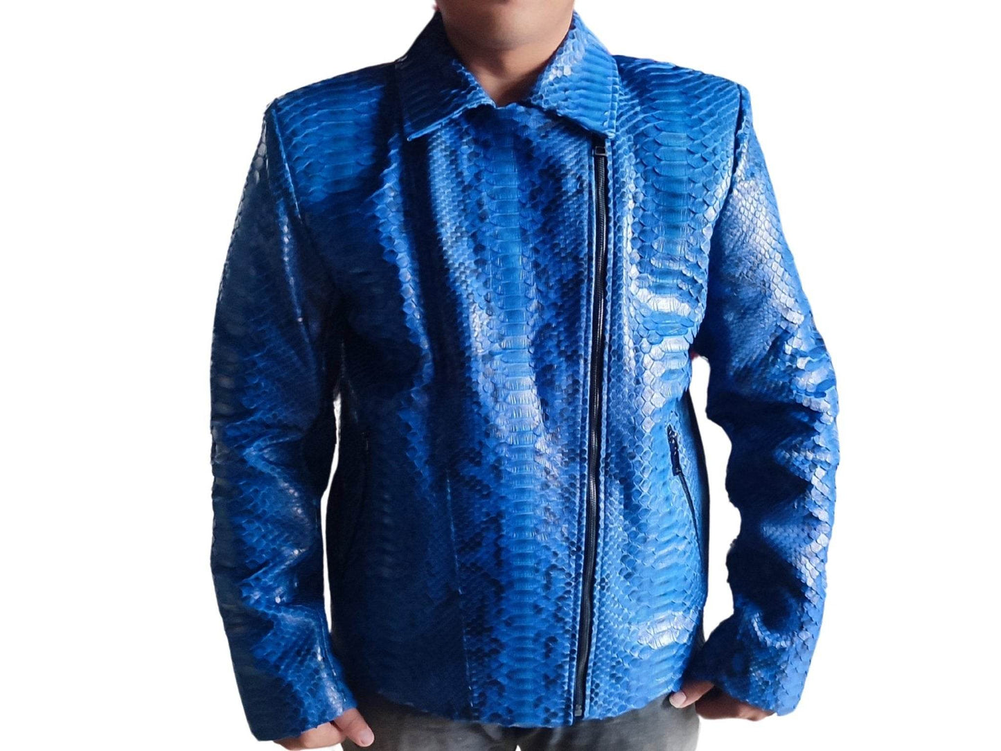 Blue Snakeskin Motorcycle Leather Jacket - LFM Fashion