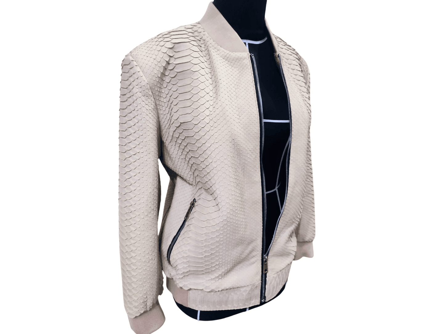 Cream Python Snakeskin Bomber Leather Jacket - LFM Fashion