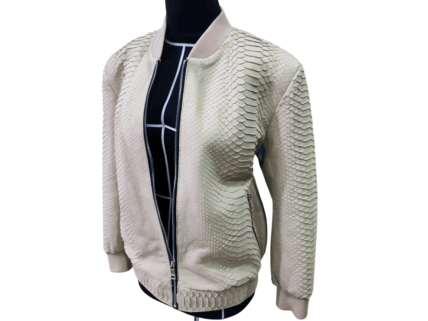 Cream Python Snakeskin Bomber Leather Jacket - LFM Fashion
