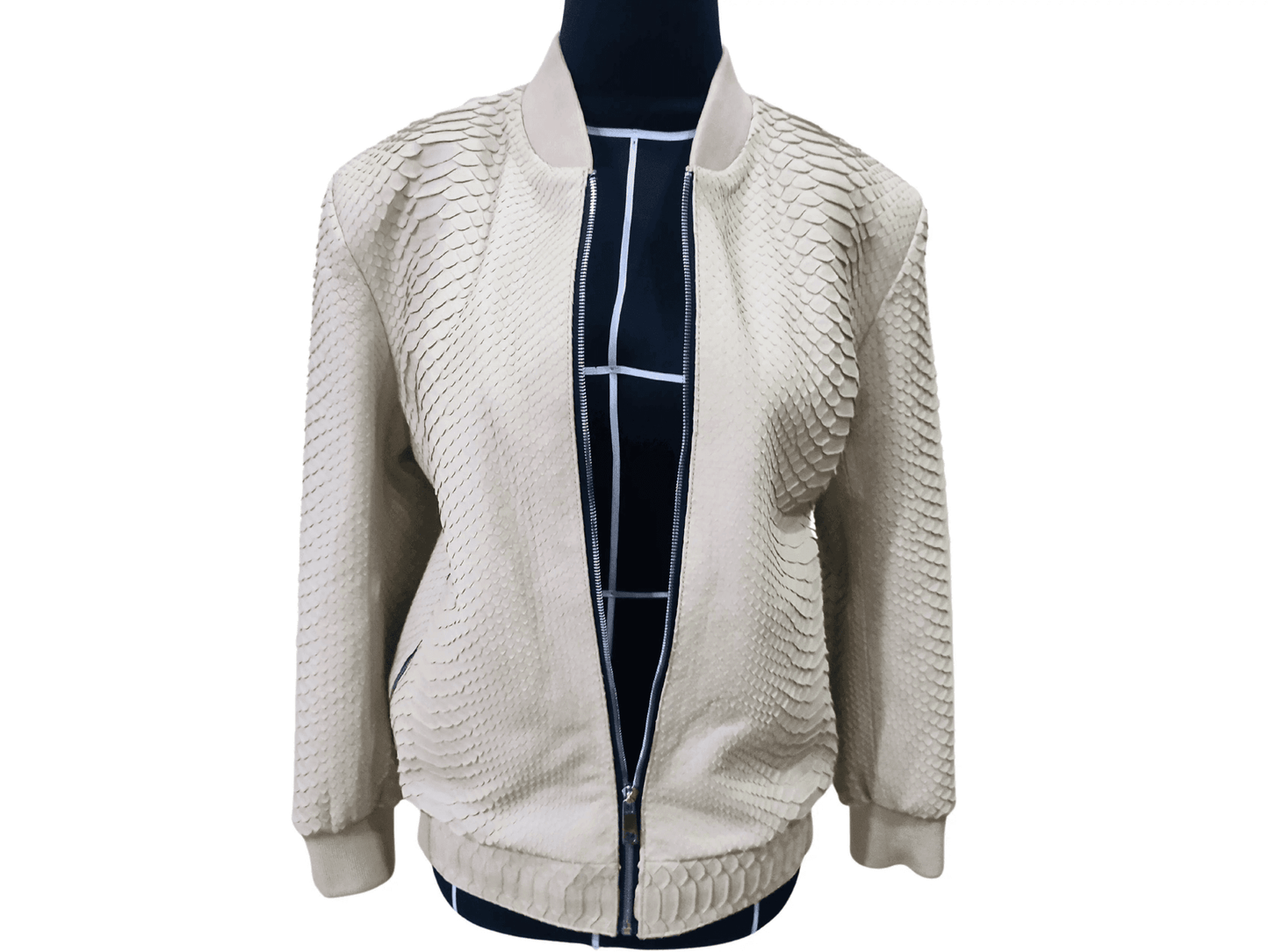 Cream Python Snakeskin Bomber Leather Jacket - LFM Fashion