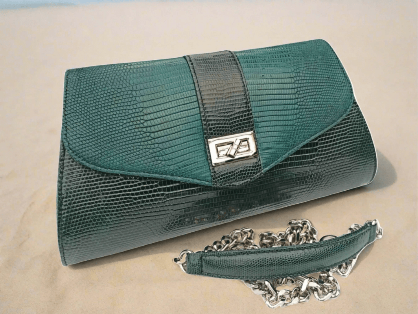 Crossbody Bag with Chain Strap - Genuine Lizard Skin - Python Jacket by LFM Fashion
