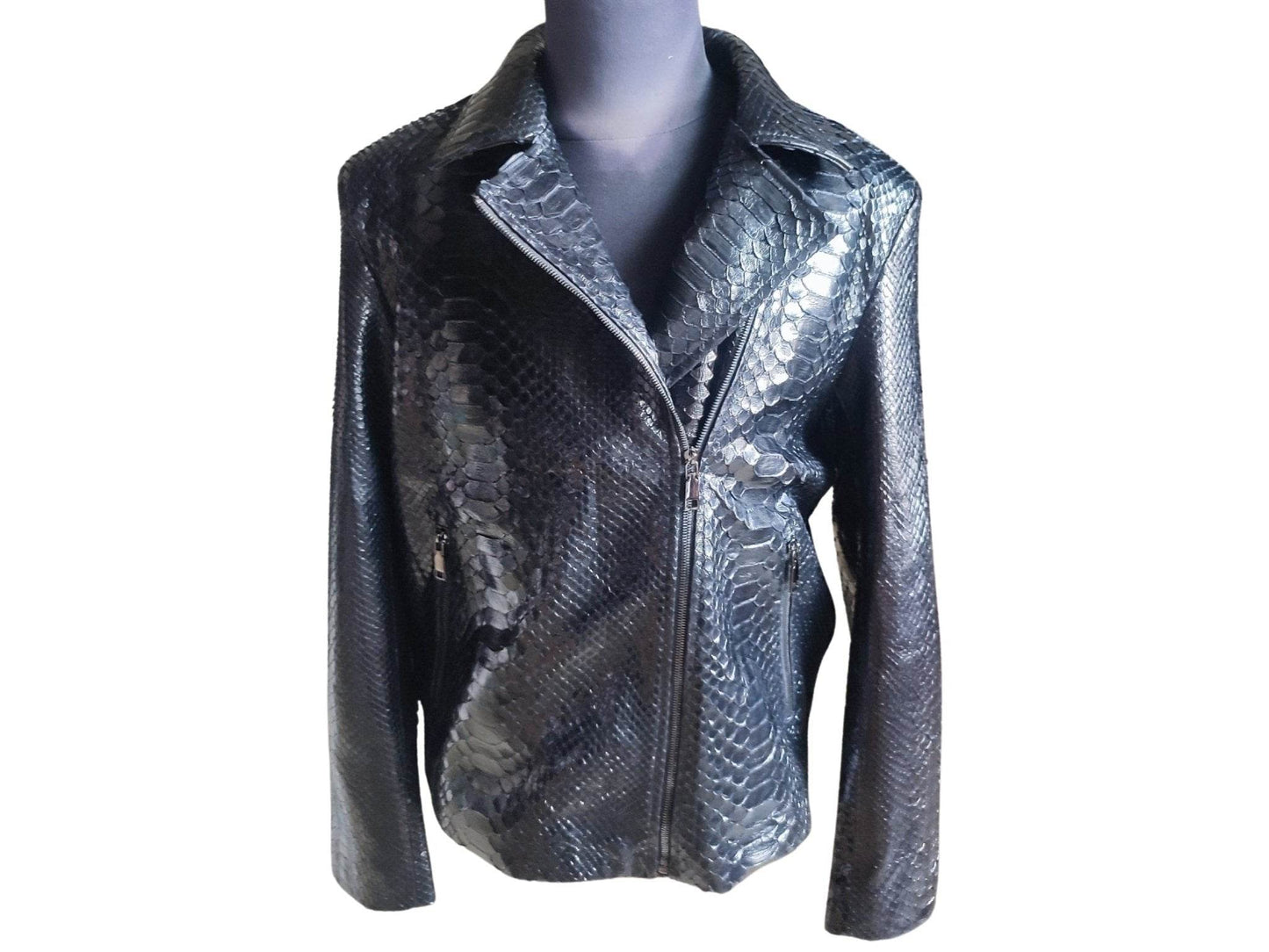 Glossy Black Snakeskin Motorcycle Leather Jacket - LFM Fashion