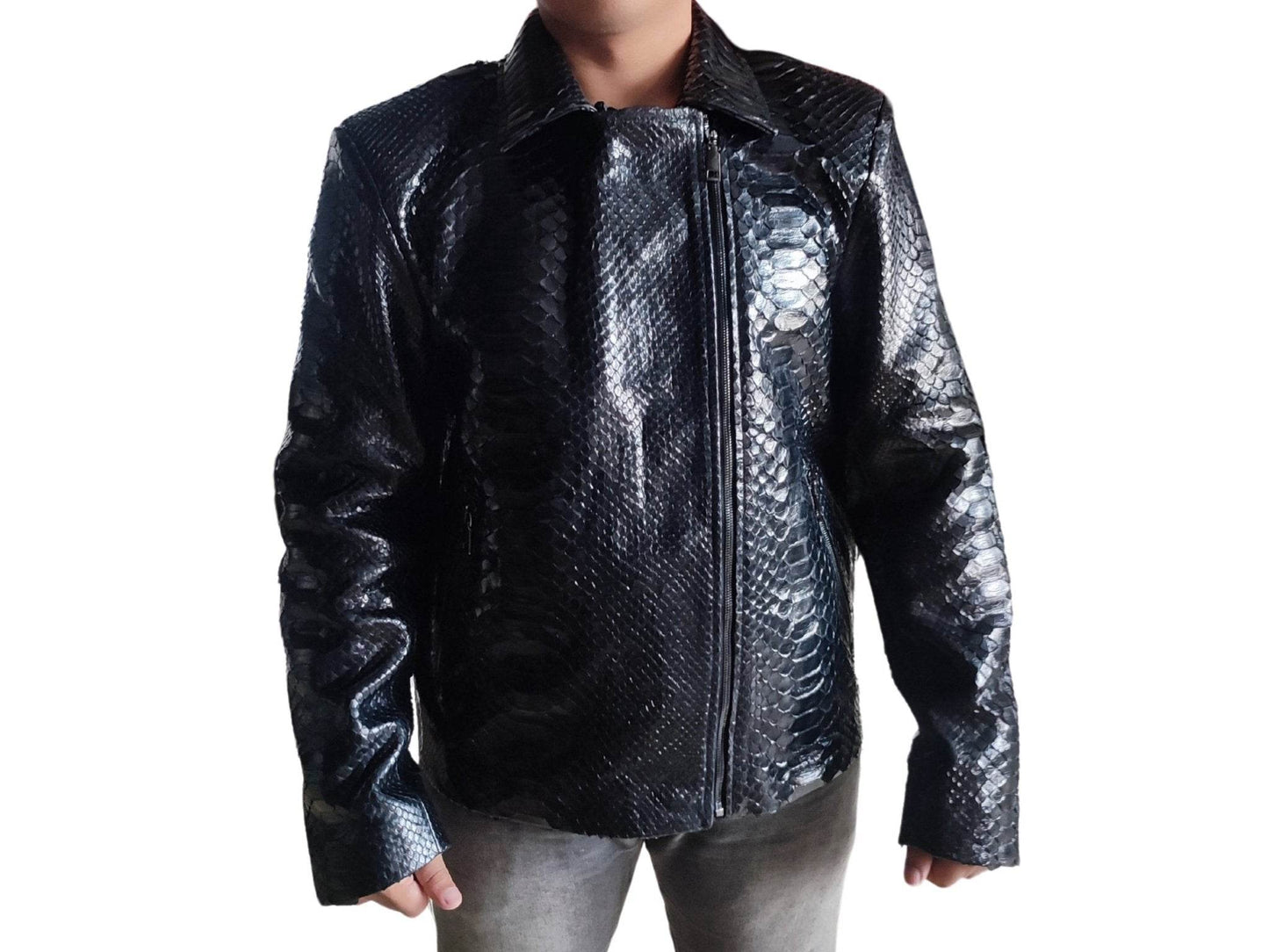 Glossy Black Snakeskin Motorcycle Leather Jacket - LFM Fashion