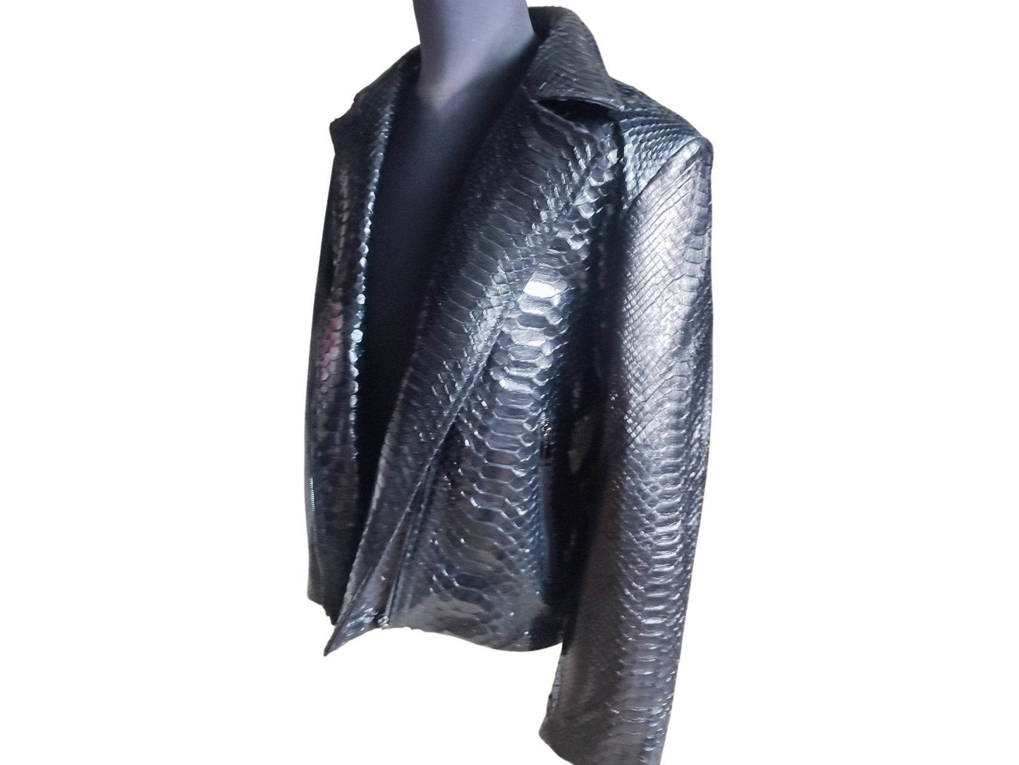 Glossy Black Snakeskin Motorcycle Leather Jacket - LFM Fashion