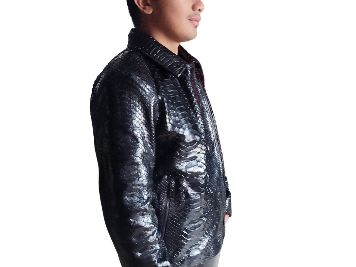Glossy Black Snakeskin Motorcycle Leather Jacket - LFM Fashion